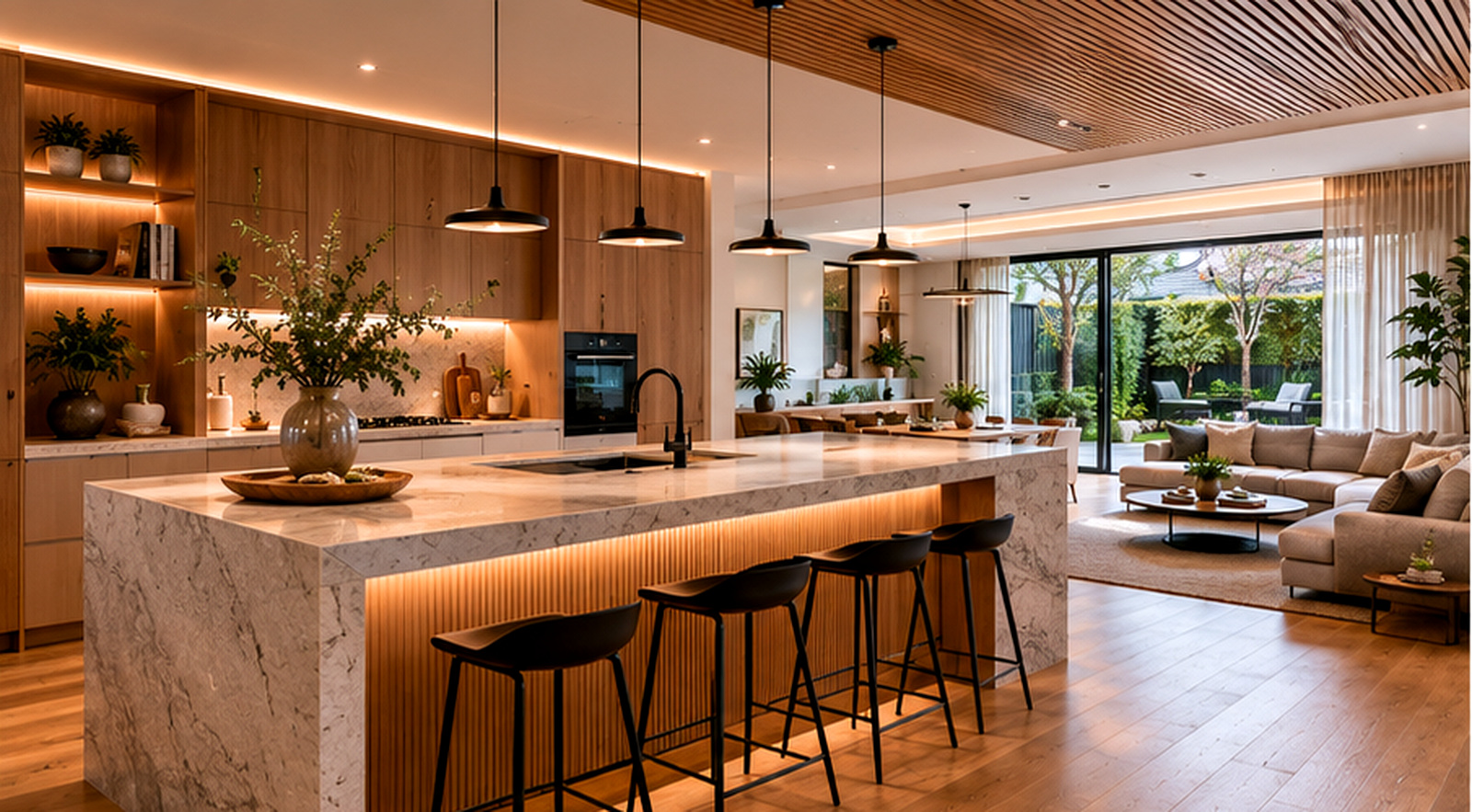 Open-plan kitchen and living area with stone island, timber flooring, glazing, lounge area and integrated acoustic design context.