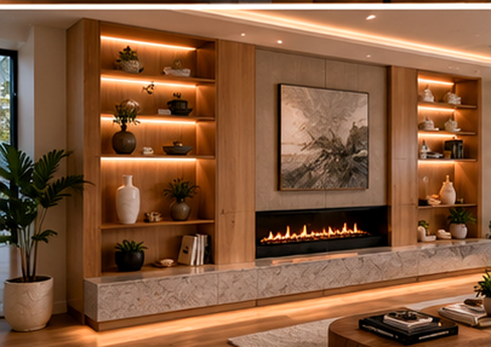 Built-in joinery and shelving with timber and soft surface opportunities for acoustic treatment integration.