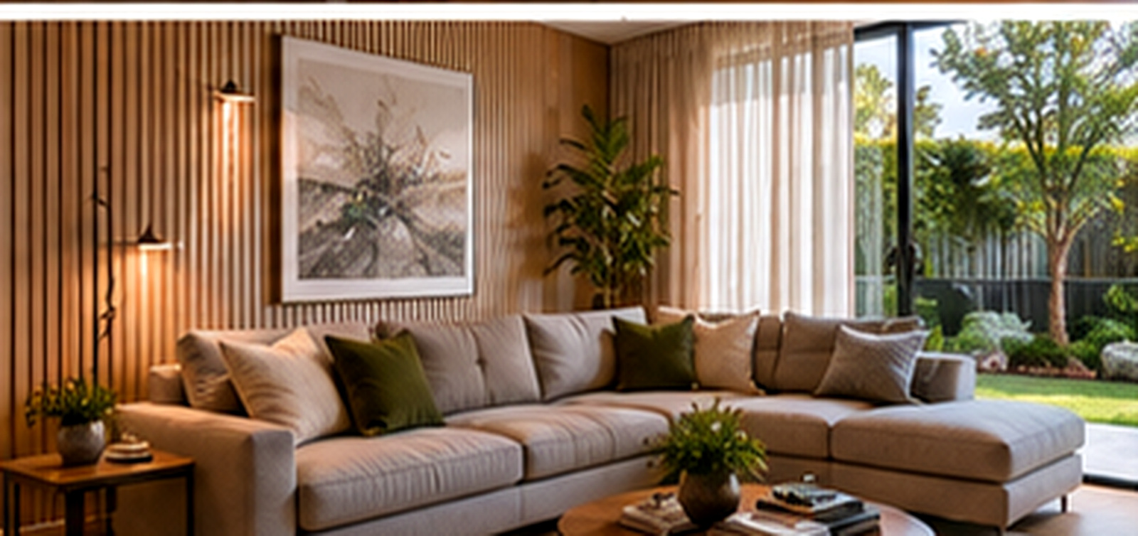 Living zone with curtains, sofa, rug and soft furnishings supporting open-plan acoustic comfort.