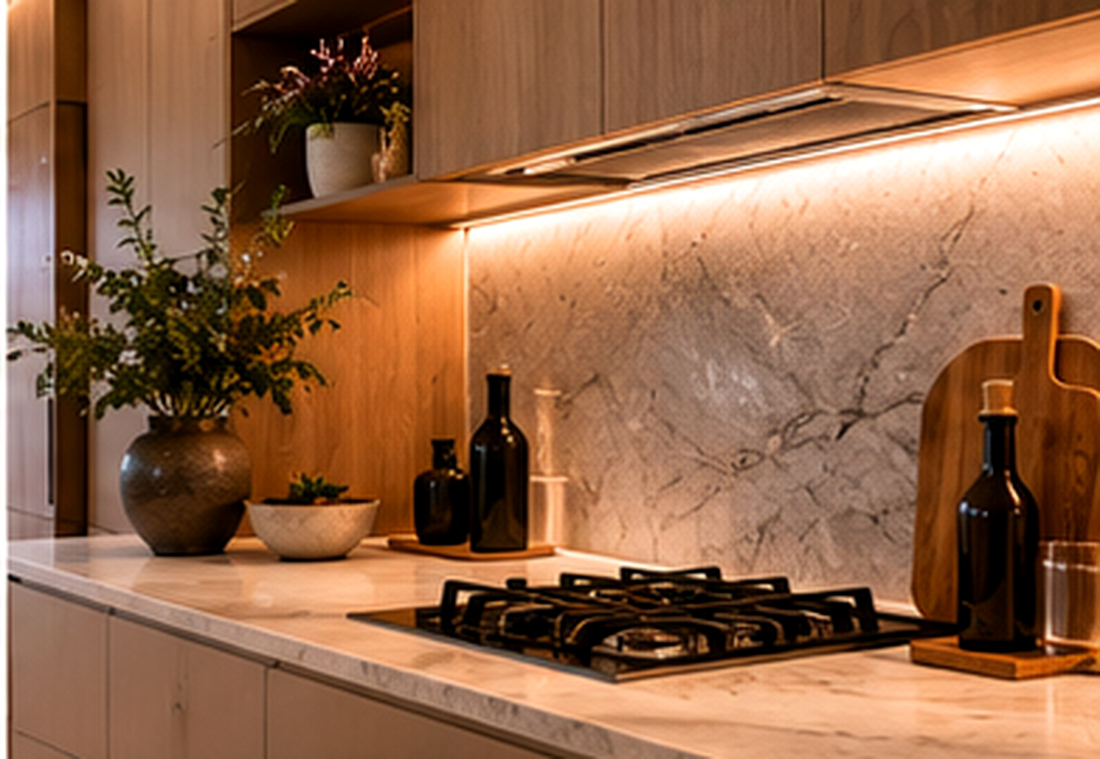 Stone benchtop, cabinetry and splashback detail in a hard-surfaced open-plan kitchen.