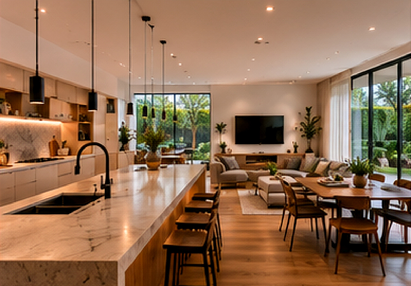 Wide open-plan kitchen, dining and living area showing hard surfaces, glazing, curtains and connected zones.