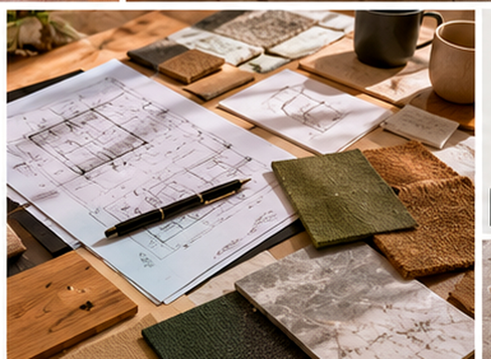 Architectural drawings, material samples and notes for open-plan residential acoustic design.