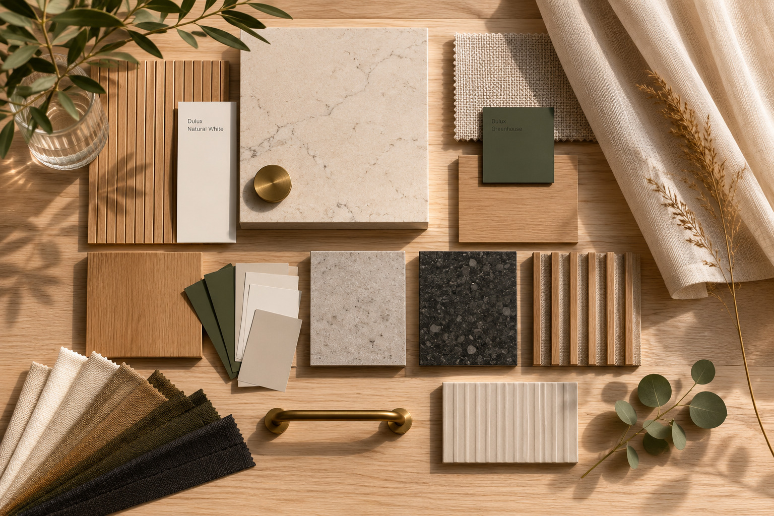 Material palette with timber, stone, fabric and acoustic finish samples for an open-plan kitchen and living design.