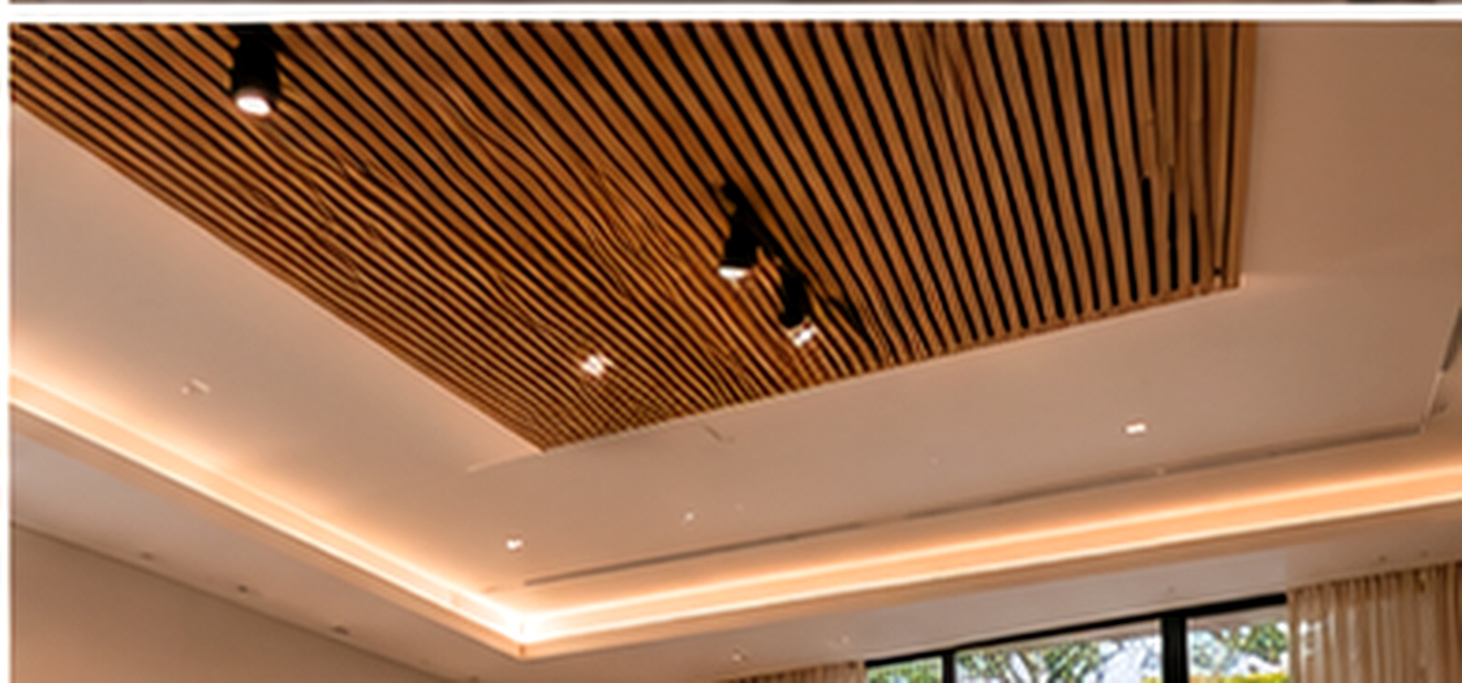 Timber ceiling treatment and integrated lighting in an open-plan kitchen and living area.