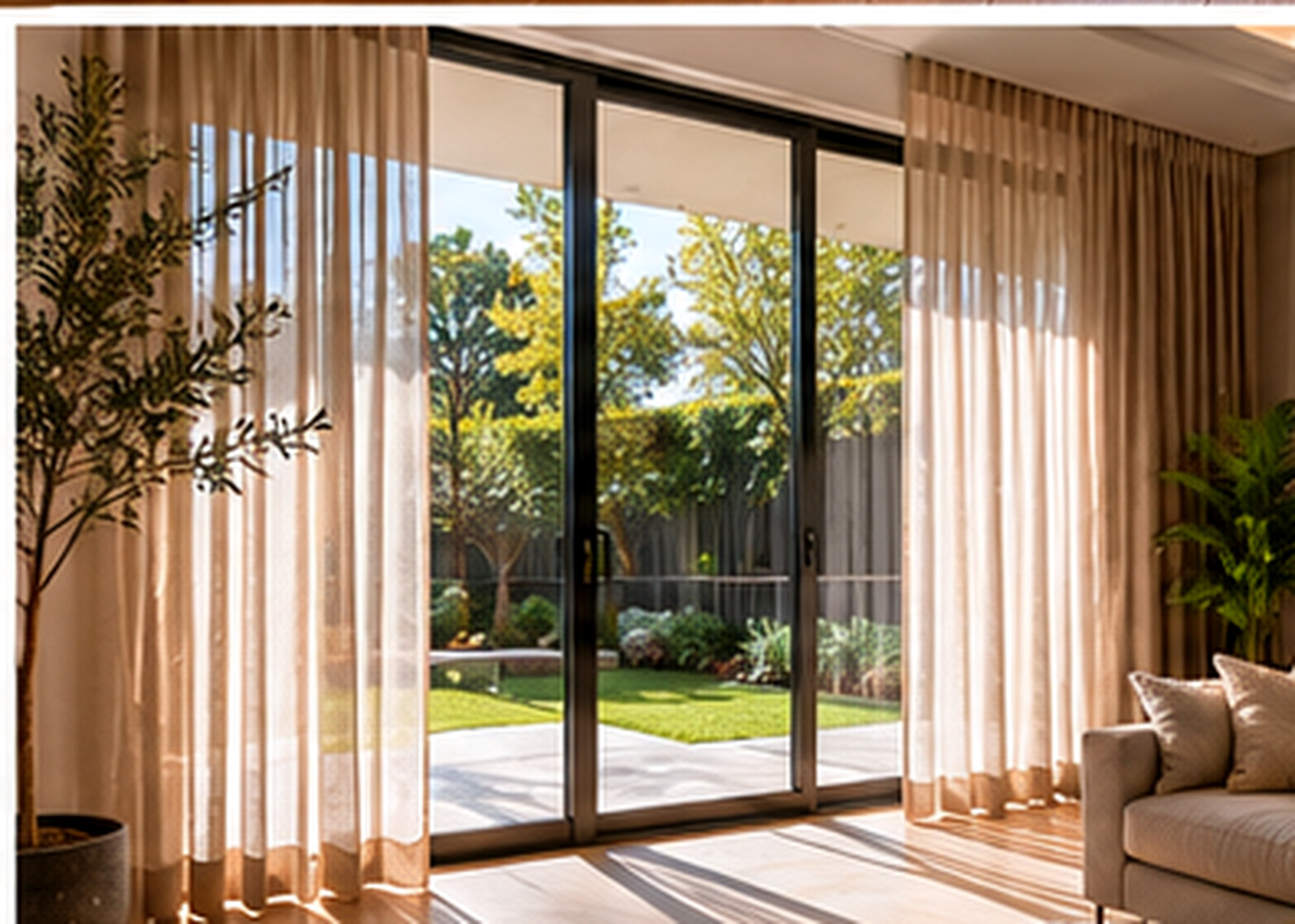 Curtains beside glazing in an open-plan living area supporting acoustic softening and privacy.