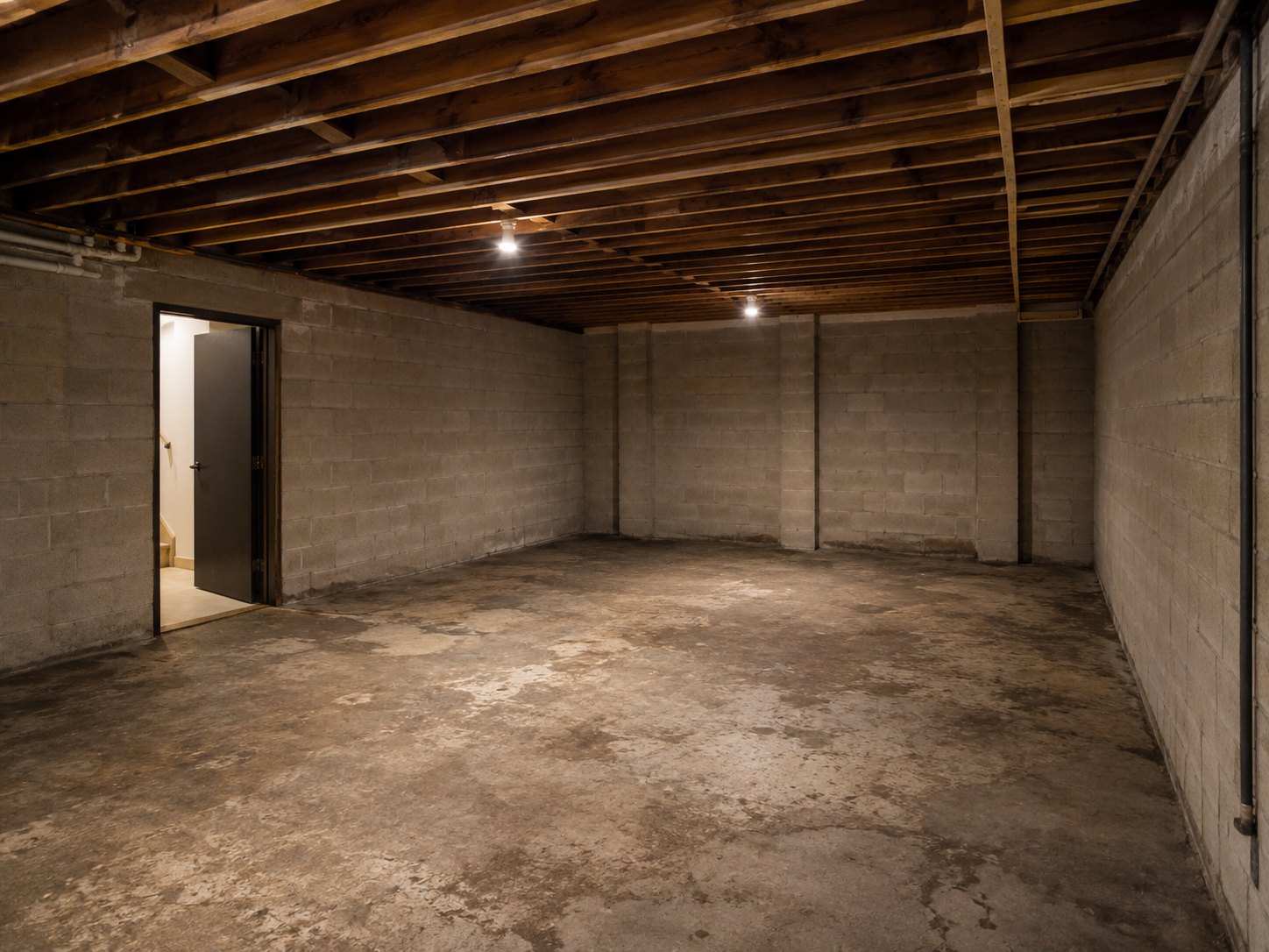 Existing masonry wall structure and exposed timber joist ceiling in a lower-ground Sydney terrace room, showing the structural conditions before acoustic isolation work.