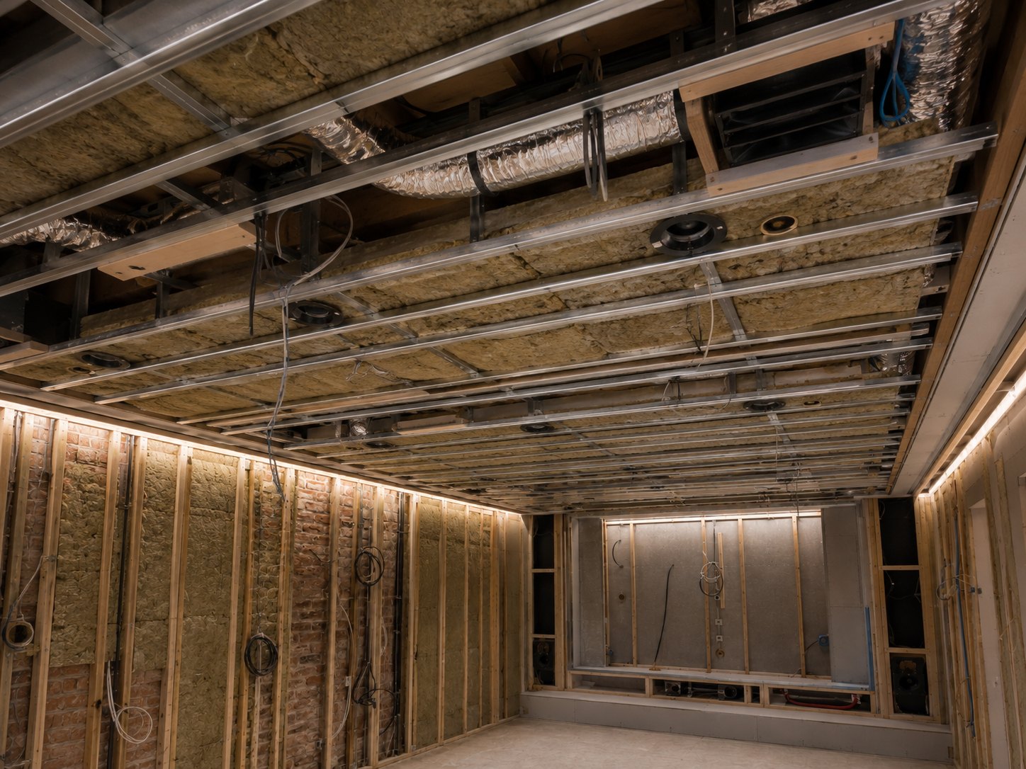 Ceiling isolation work in progress showing resilient system, service coordination and ducted ventilation runs in a lower-ground home theatre.