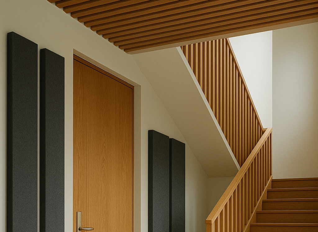 Elegant stairwell design featuring acoustic baffles and wall absorbers for echo reduction.