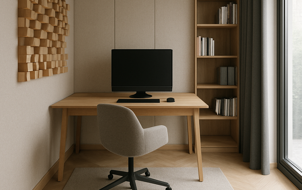 Quiet, elegant home office featuring diffuser wall and absorptive panels for focused work.