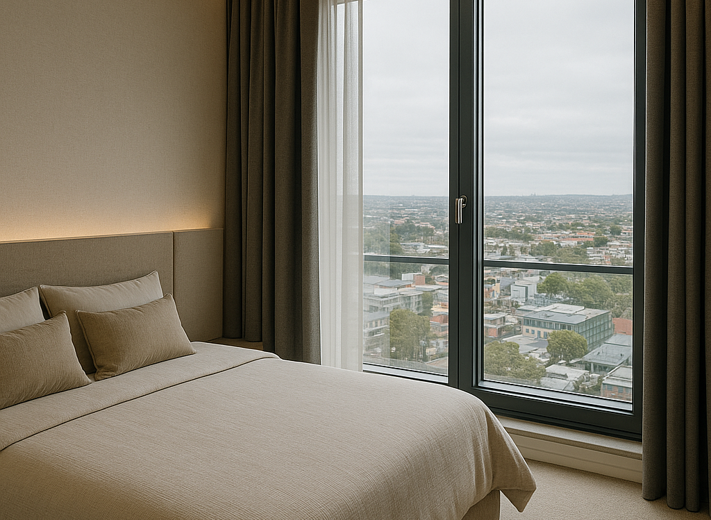 Soundproof window design using laminated acoustic glass with concealed secondary glazing.