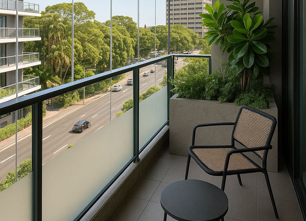 Transparent acoustic screens and greenery create a calm, quiet balcony in urban Sydney.