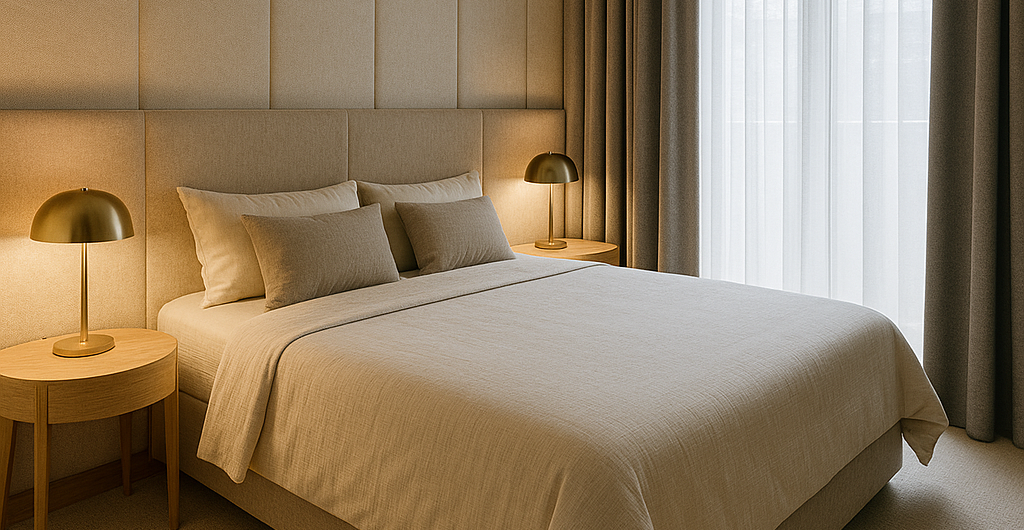 Tranquil bedroom design combining aesthetics and sound insulation for peaceful sleep.
