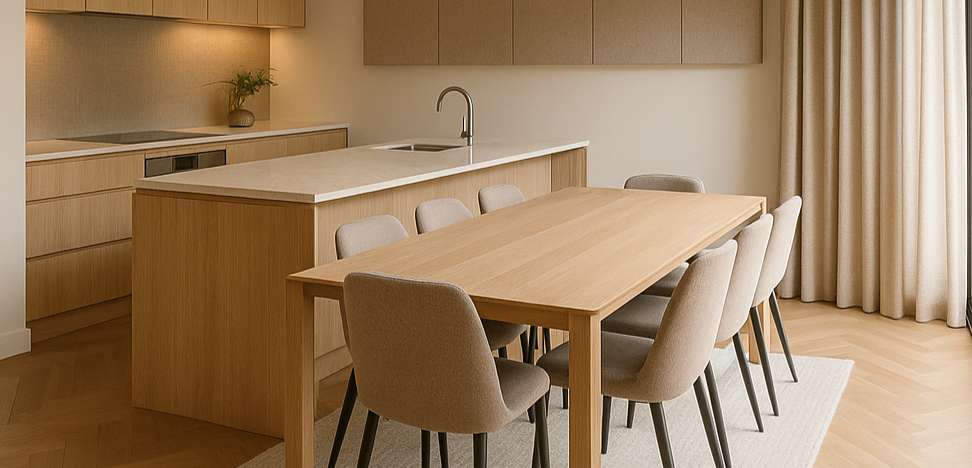 Sophisticated kitchen and dining space using timber acoustic baffles for sound control and design harmony.