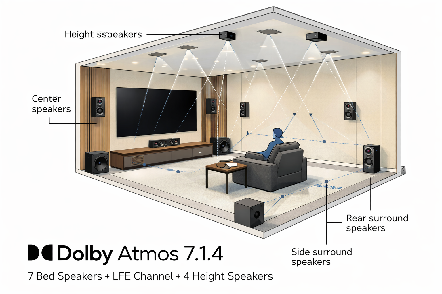 Dolby Atmos 7.1.4 layout showing bed, subwoofer and ceiling speaker positions