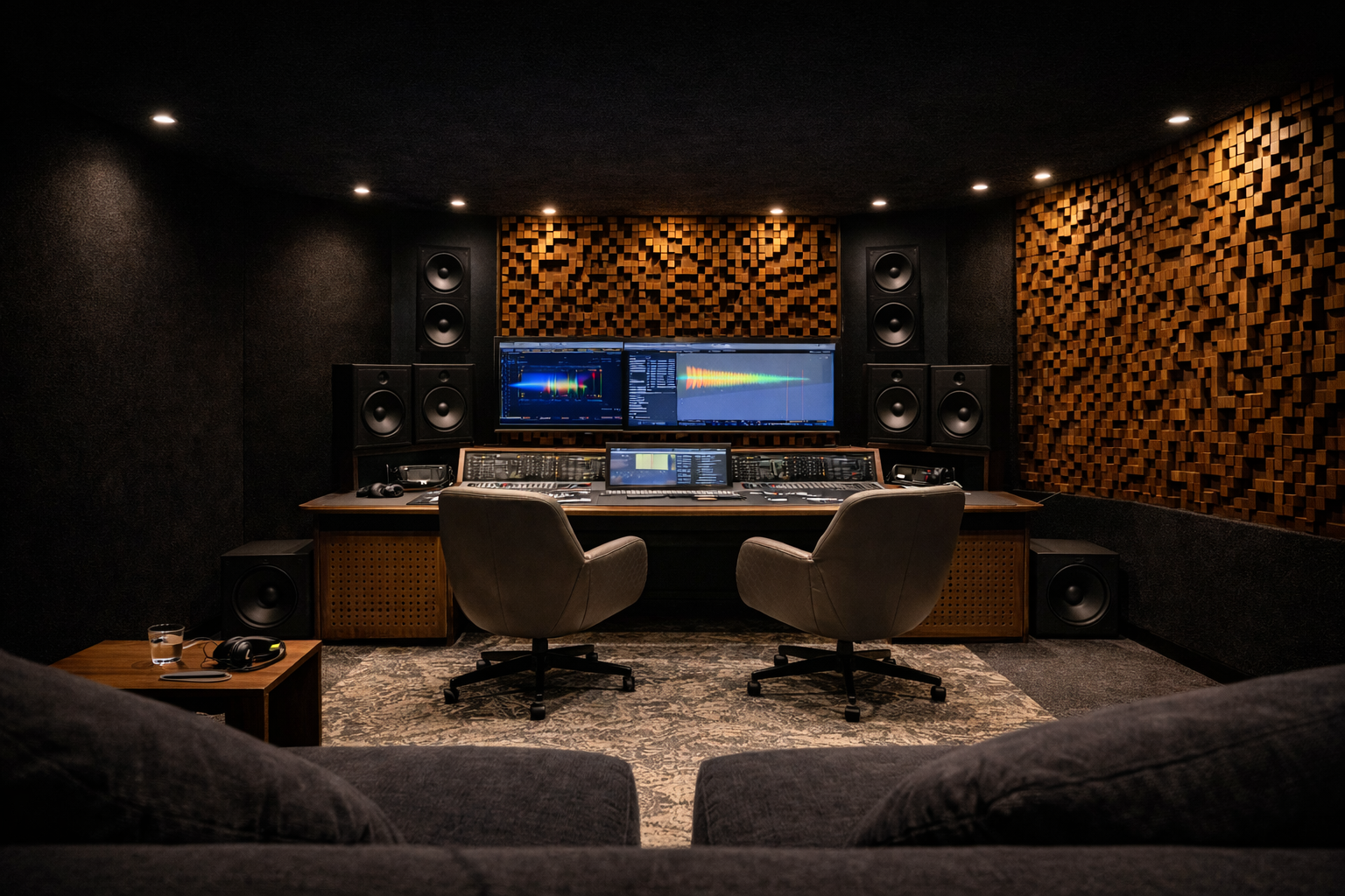 Recording studio control room with timber diffusers and professional audio monitoring