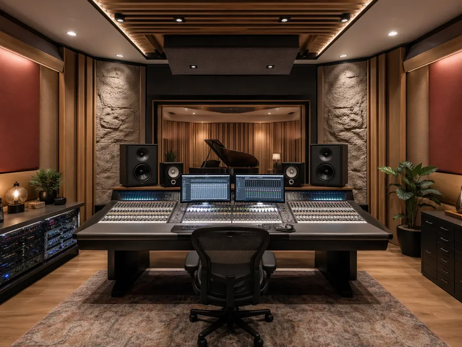 Control room acoustic design with studio monitors, acoustic treatment & a focused mix position. Based in South East Queensland. Servicing Australia.