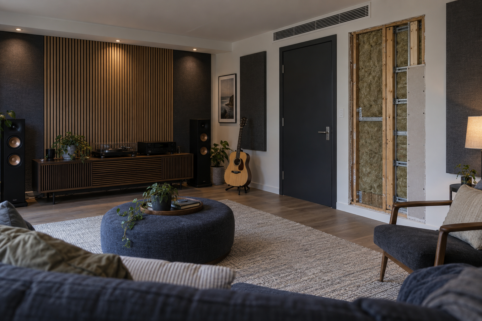 Acoustic design, soundproofing and acoustic treatment shown in a residential media room under construction.