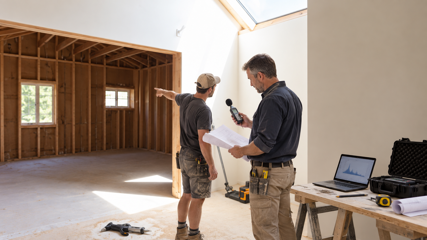 Choosing an acoustic consultant in Australia, shown reviewing plans and sound measurements with a builder.