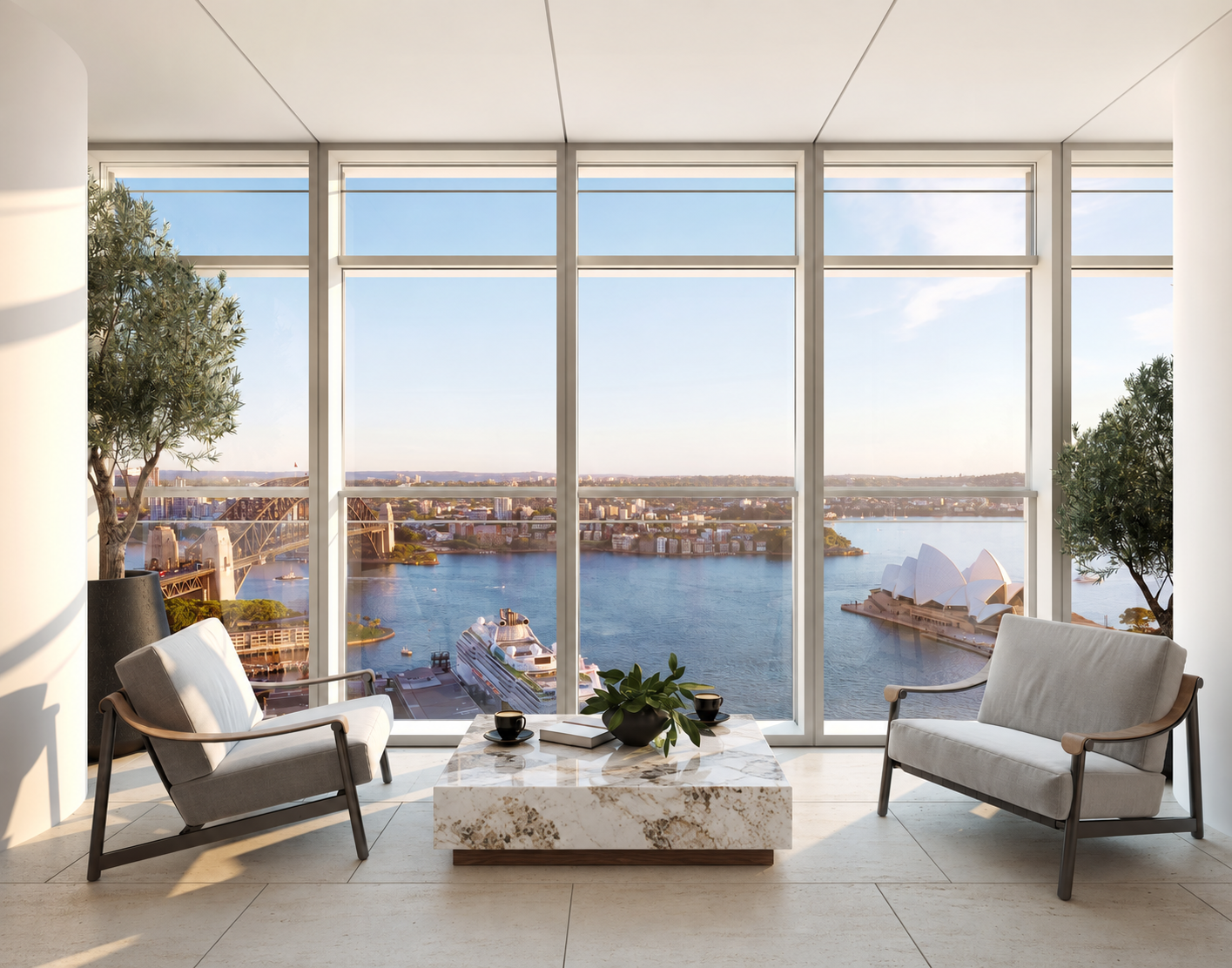 Sydney residential acoustic consulting illustrated by a glazed apartment overlooking Sydney Harbour.