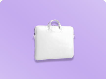 A white laptop bag with purple background