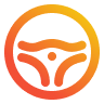 Orange and red gradient icon of a car steering wheel with two horizontal lines above it.