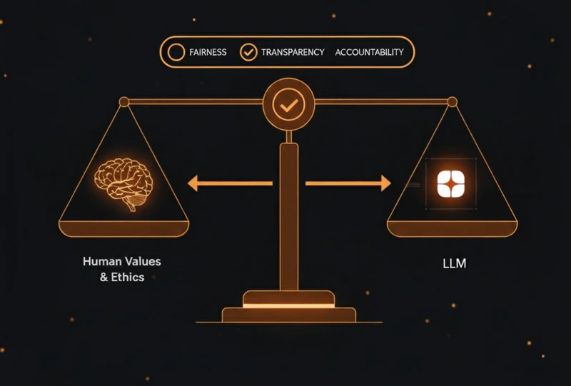 Illustration depicting LLM alignment and responsible AI services, showing a balance scale with human values and ethics on one side and a large language model on the other, guided by principles of fairness, transparency, and accountability to represent ethical and aligned AI systems.