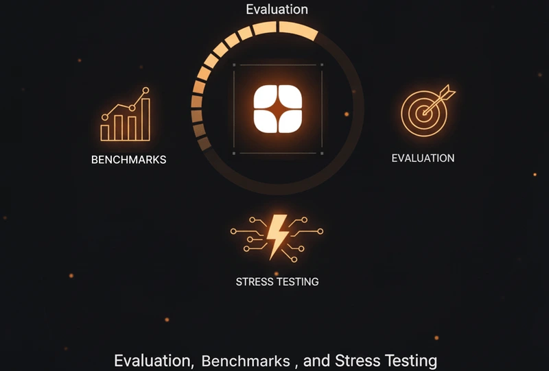 Graphic illustrating evaluation, benchmarks, and stress testing services, with a central AI system surrounded by indicators for performance benchmarks, model evaluation, and stress testing, representing structured assessment and reliability checks for AI models.