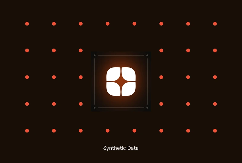 Illustration showing synthetic data represented by a central data platform surrounded by evenly distributed data points, symbolizing generated datasets and controlled scenarios used to support AI systems where real data is limited or restricted.