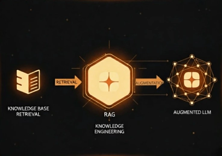 Diagram illustrating retrieval, RAG, and knowledge engineering services, showing knowledge base retrieval feeding into a RAG knowledge engineering layer, which then augments a large language model to produce context aware and grounded AI responses.