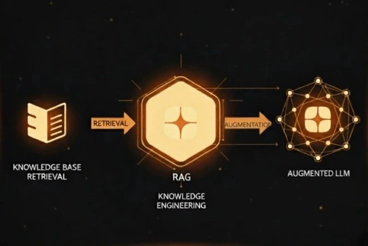 Diagram illustrating retrieval, RAG, and knowledge engineering services, showing knowledge base retrieval feeding into a RAG knowledge engineering layer, which then augments a large language model to produce context aware and grounded AI responses.