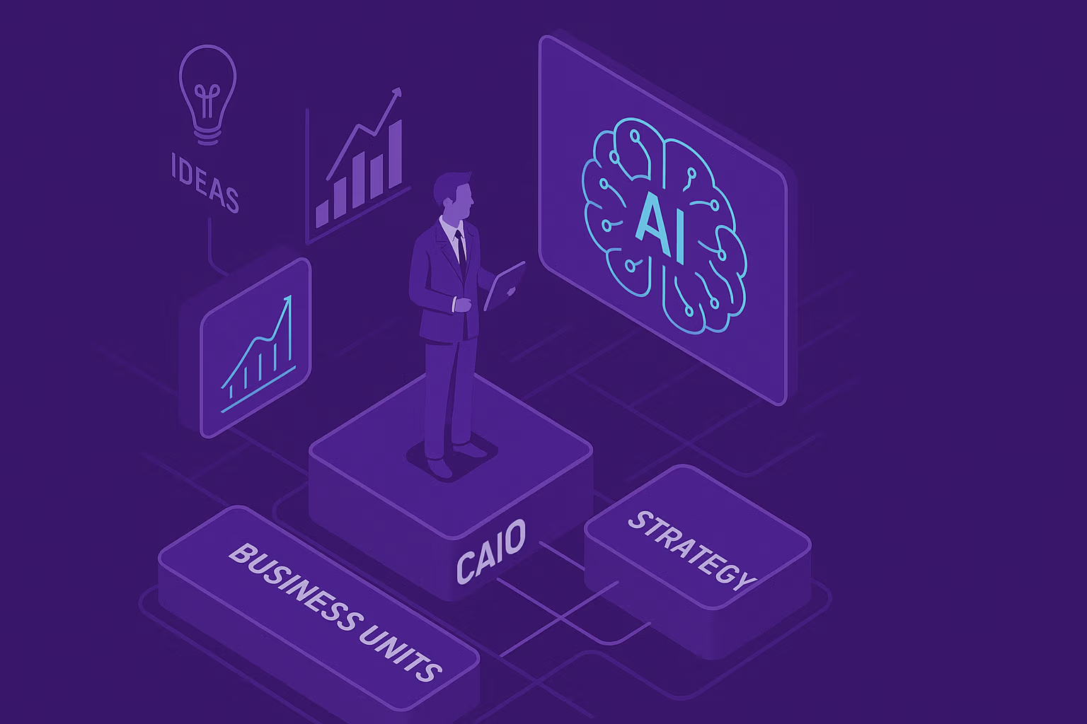 “Infographic titled ‘Strategic AI Leadership: A 90-Day Framework.’ The timeline shows three phases: Day 1–30 (Learning and Alignment), Day 31–60 (Identifying Quick Wins), and Day 61–90 (Strategy and Execution), each marked with purple icons to represent pr