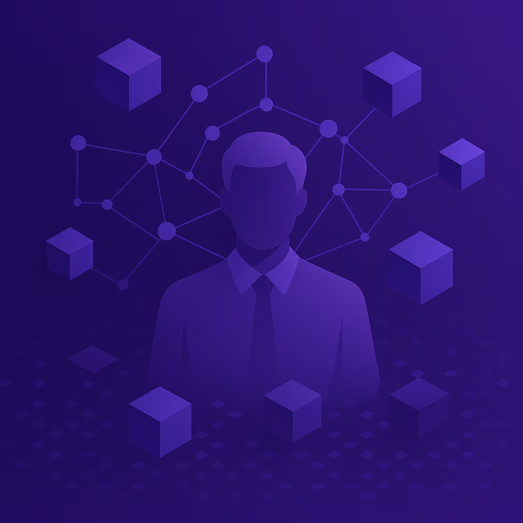 “Abstract isometric illustration of a business professional surrounded by floating cubes and connected network nodes, symbolizing AI, data, and digital transformation. Rendered in dark purple tones.”