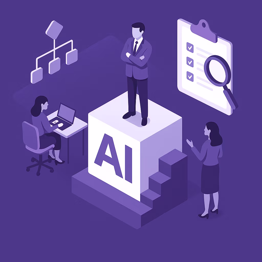 “Abstract isometric illustration in purple tones showing AI leadership. A business professional stands on a cube labeled ‘AI,’ with stairs leading up. Surrounding elements include a woman working on a laptop, another professional gesturing in discussion, a