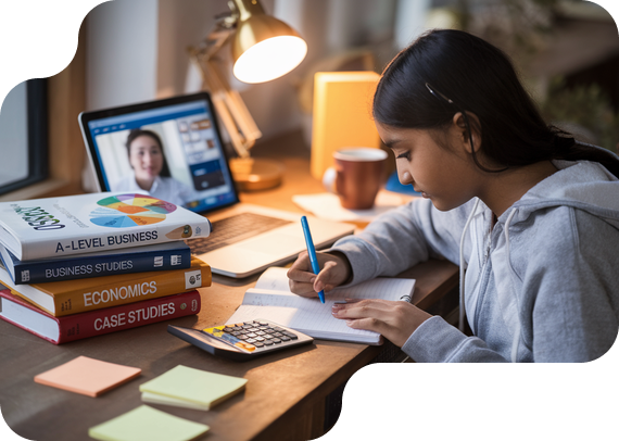 Student studying A-Level Business with textbooks and online tutor