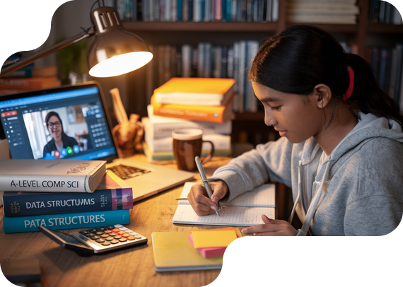 Student studying A-Level Computer Science with textbooks and online tutor