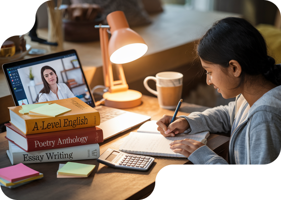 Student studying A-Level English with textbooks and online tutor