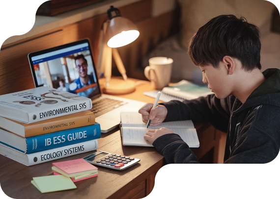 Student studying IB Environmental Systems and Societies with textbooks and online tutor