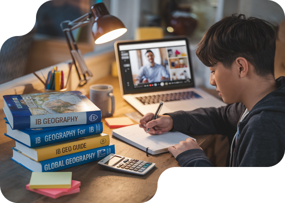Student studying IB Geography with textbooks and online tutor