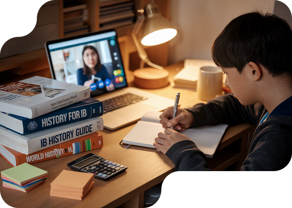 Student studying IB History with textbooks and online tutor