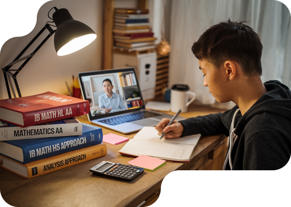 Student studying IB Math HL Analysis and Approaches with textbooks and online tutor