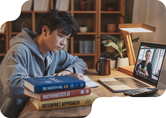 Student studying IB Math HL Applications and Interpretation with textbooks and online tutor