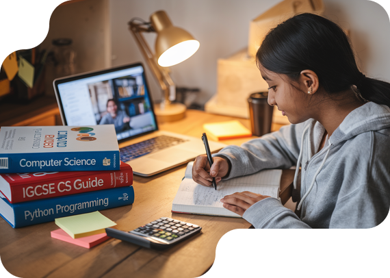 Student studying IGCSE Computer Science with textbooks and online tutor