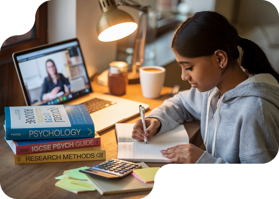 Student studying IGCSE Psychology with textbooks and online tutor