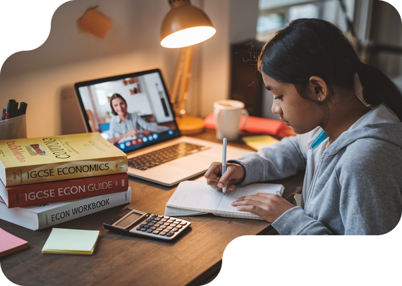 Student studying IGCSE Economics with textbooks and online tutor