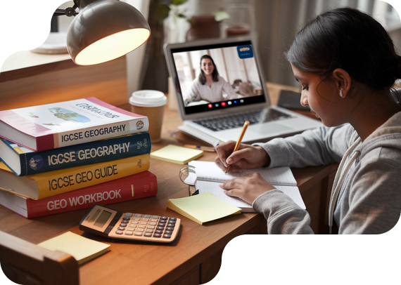 Student studying IGCSE Geography with textbooks and online tutor