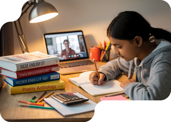 Student studying IGCSE English Literature with textbooks and online tutor