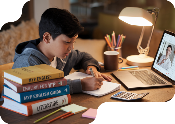 Student studying MYP English with textbooks and online tutor