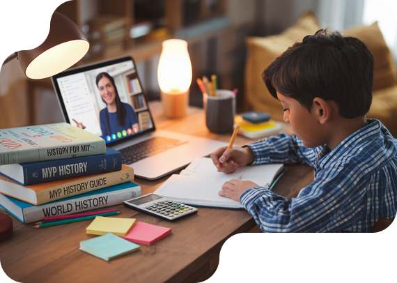 Student studying MYP History with textbooks and online tutor