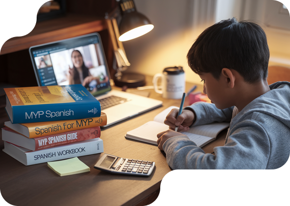 Student studying MYP Spanish with textbooks and online tutor