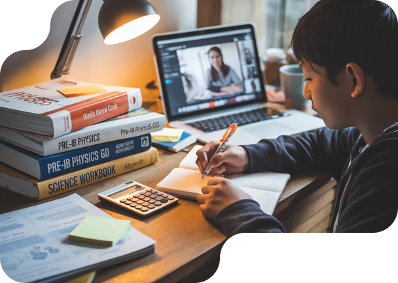 Student studying Pre-IB Physics with textbooks and online tutor